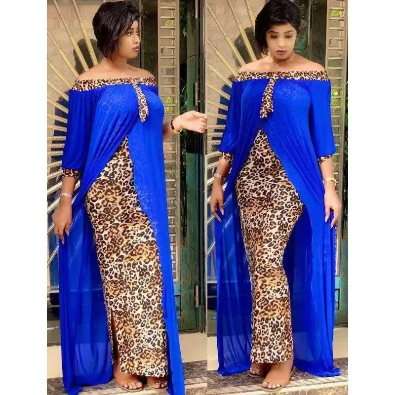 Grande Taille Vêtements Automne Sexy Imprimé Léopard Dashiki Robes Africaines pour Femmes ixDemi Manches Slash Cou Femme Robe L-2XL