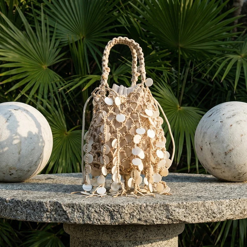 Women's Beach Woven Handbag Handmade Shell Fishing Net Weaving Shoulder Bag for Travel Vacation Ladies Clutches
