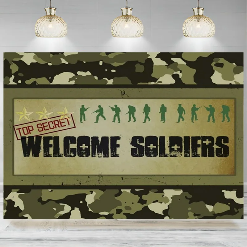 Welcome Soldiers Camouflage Backdrop Top Secret  Seamless Pattern Photography Background Vintage Army Green Party Photo Banner