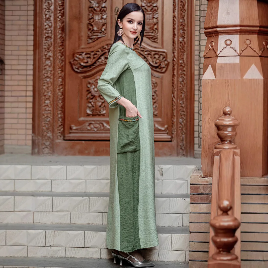 Middle East Fashion Women's Green Solid Color Elegant Luxury Daily Trendy O-neck Long Sleeve Ankle Length Dresses Female Abaya