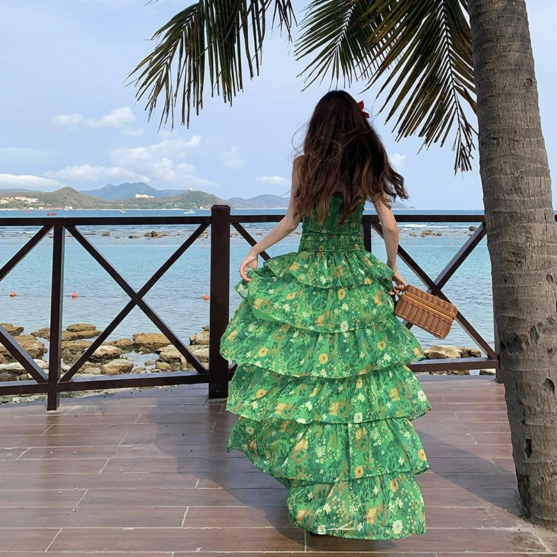 2025 verão feminino praia maxi vestido sexy bustier cintura gravata babado hem em camadas impressão vestido de férias y2k streetwear