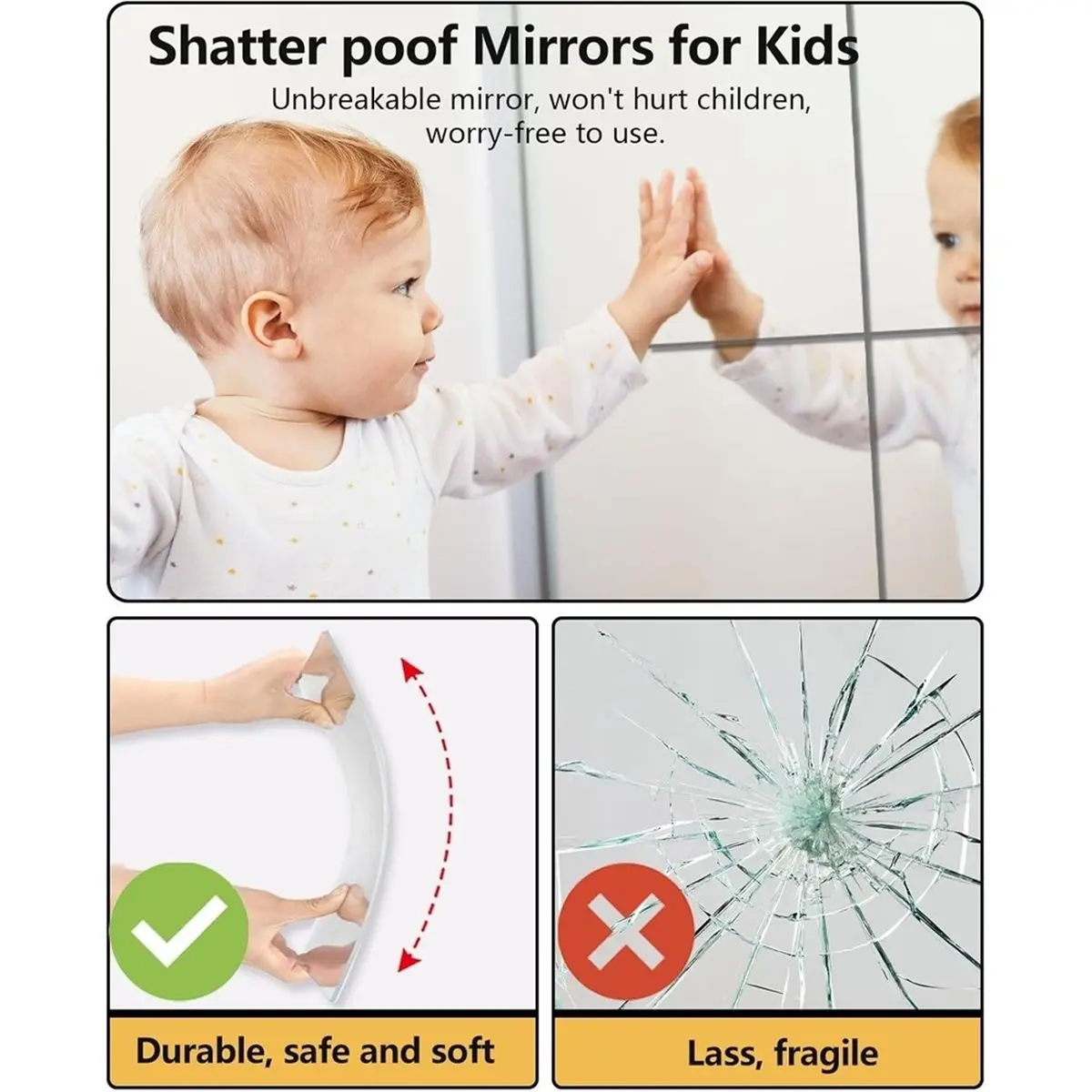 Shatterproof Peel and Stick on Mirror Tiles for Wall Decorative,8 Pcs 16x12 in Unbreakable Small Mirrors for Wall Decor