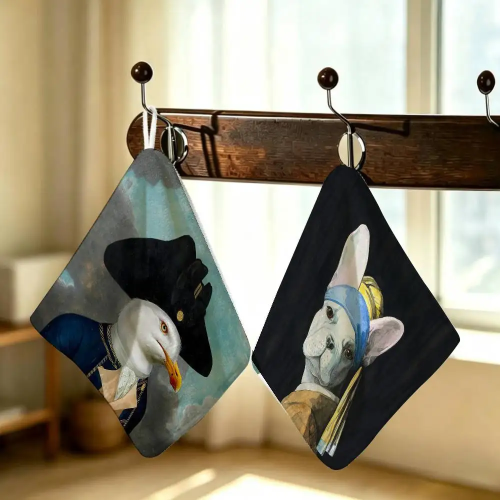 Parody Retro Animal Painting Polyester Cotton Hanging Kitchen Towel Skin Friendly Hand Wiping Towel For Hotel Cafe Household