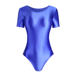 Summer 2022 Women's Candy Color Sexy Swimsuit Short Sleeve Glossy Silk One Piece High Cut Bodysuit Spandex Tight Swimwear