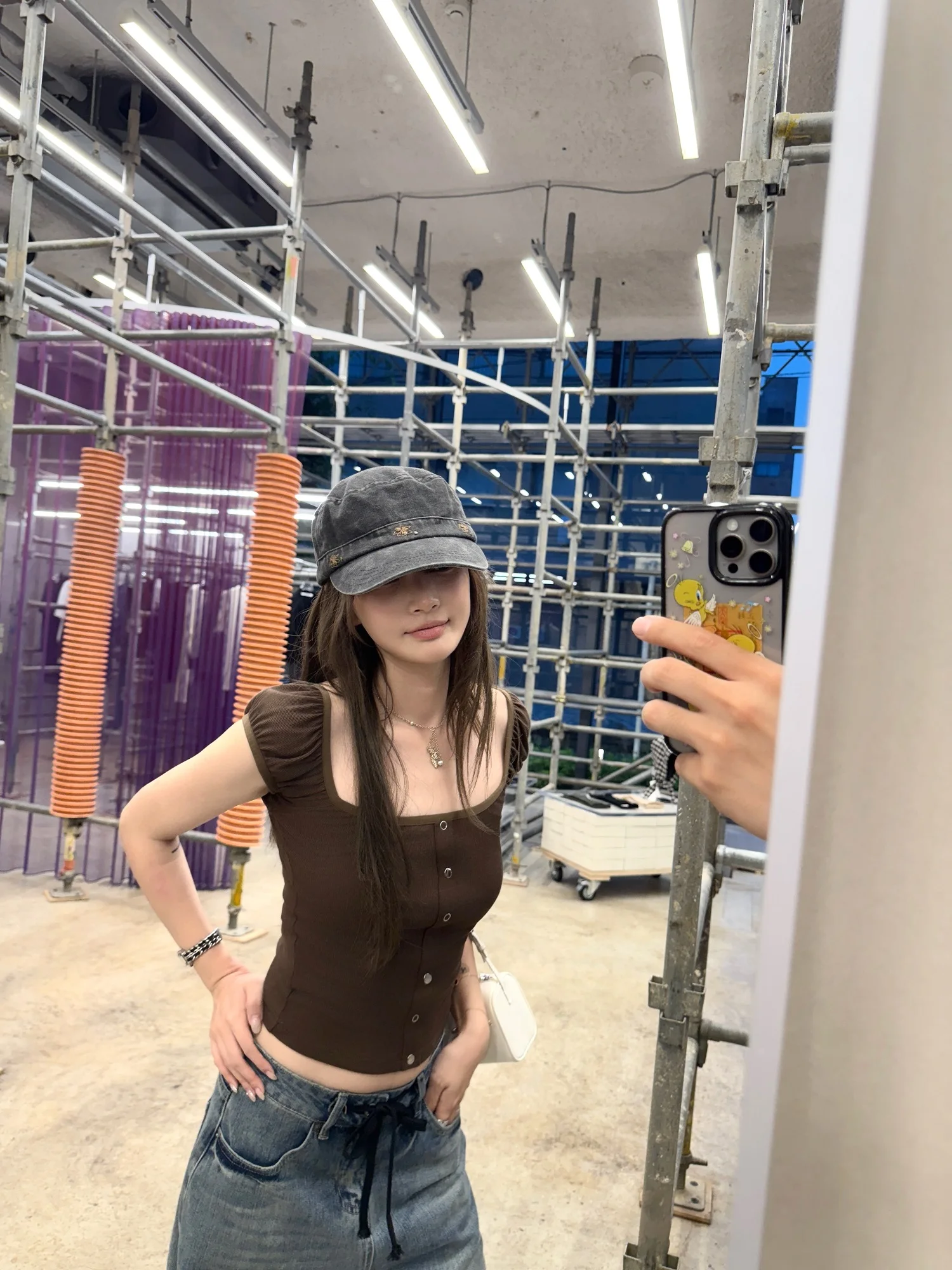 

CUTEioi Summer Women's T-irt Square U-ne Metal Bule Slim Fit ort Sve Pure Color Bubble Sve Casual Top