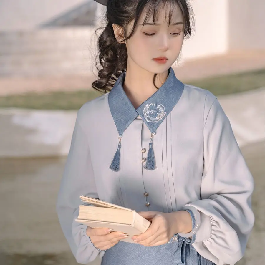 Spring and Autumn Han Element Set Women's Style Embroidered Shirt Versatile Comfortable Wide Leg Pants Two Piece Set