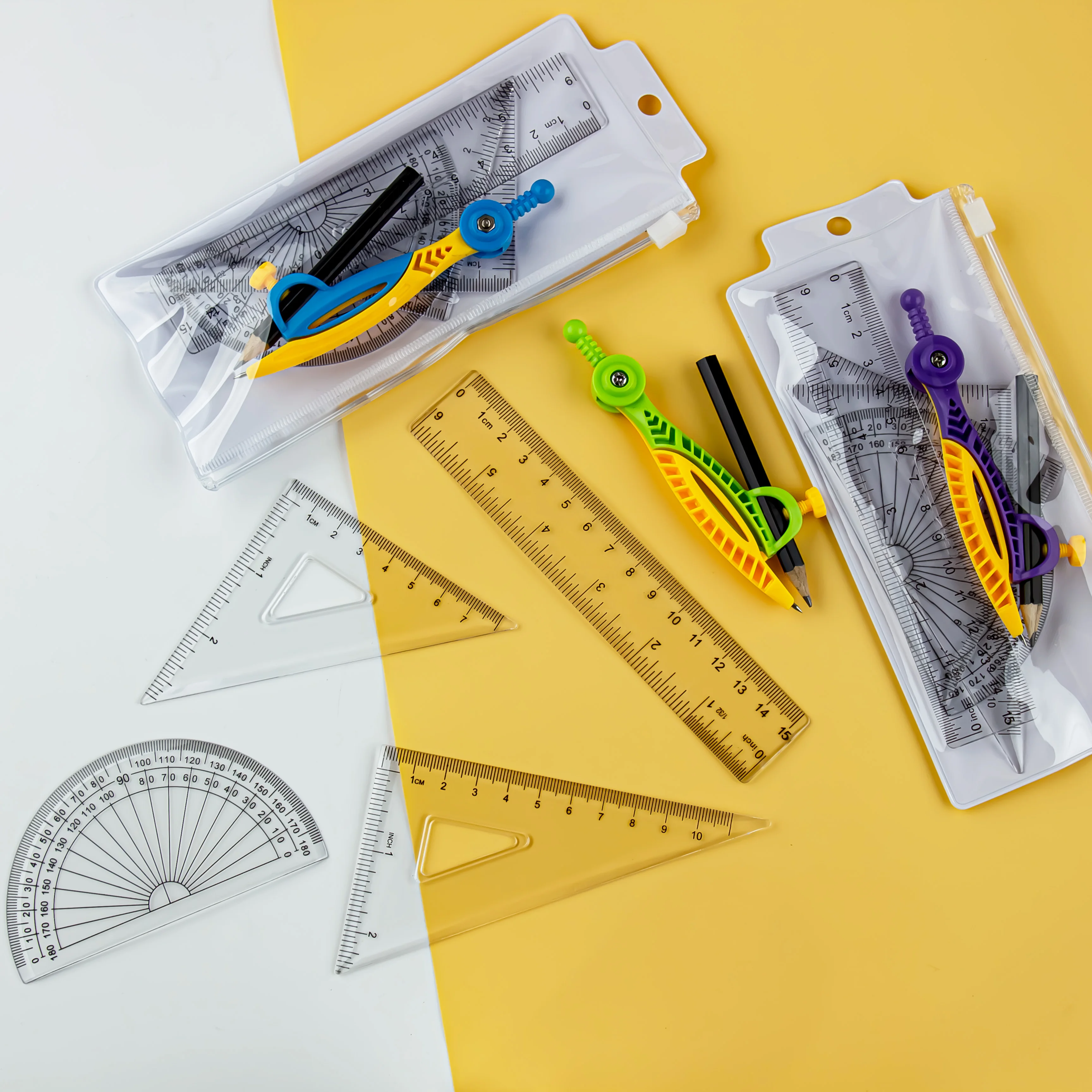 Student Geometry Compass Ruler Set Math Drawing Tool Kit Straight Triangle Protractor Portable School Stationery