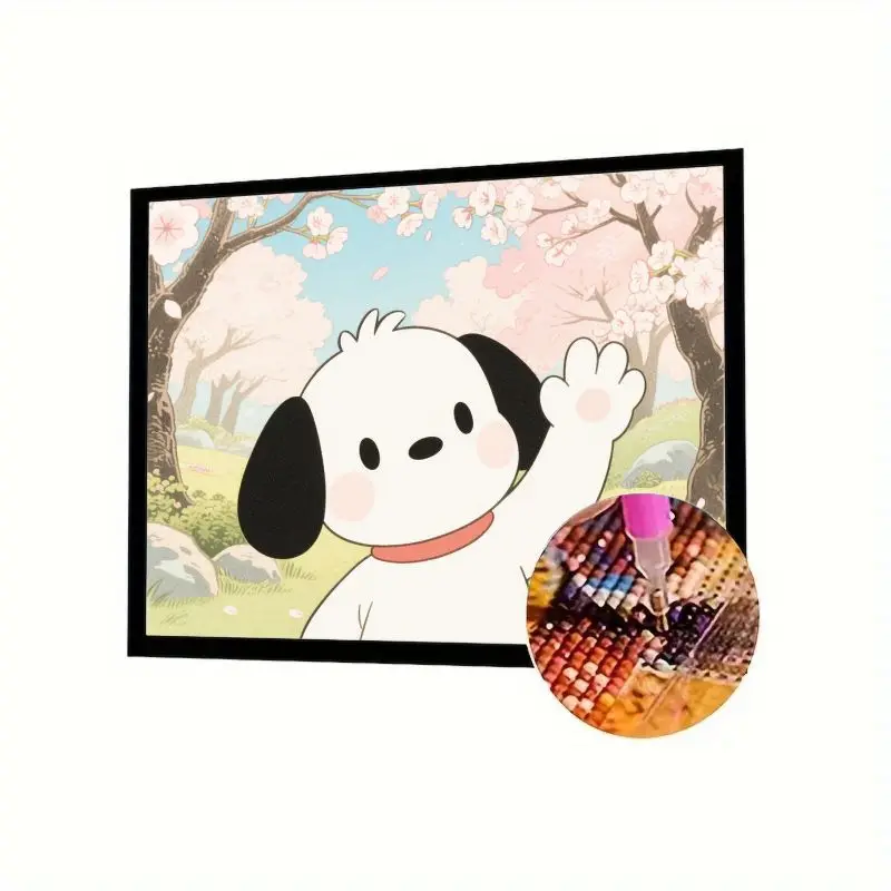 

1 шт. DIY 5D полный круглый дрель набор для алмазной живописи-очаровательный мультяшный белый пес, махающий в розовой сакуре, вишневом цвете, садовый пейзаж