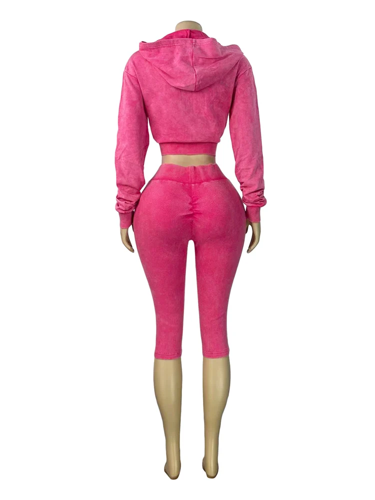 JENYAGE Damen 2-teiliges Outfit, Vintage-Look, gewaschene Kapuzenjacke mit Reißverschluss, hochtaillierte Caprihose mit Rippenstruktur, dehnbarer Trainingsanzug – Detail 8