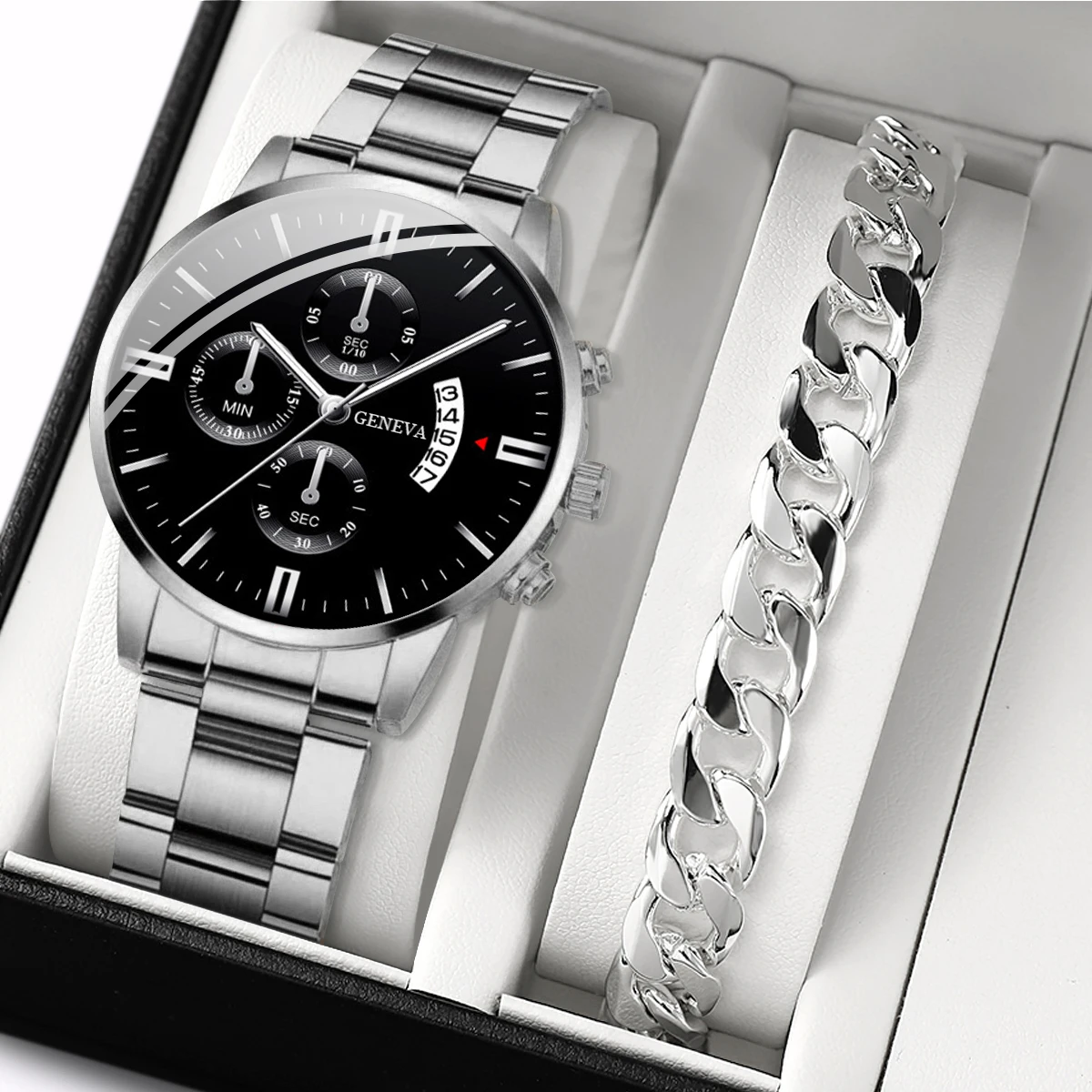 2PCS Men Business Watches Fashion Steel Band Quartz Watch Male Calendar Watch Bracelet Relogio Masculino（Without Box）