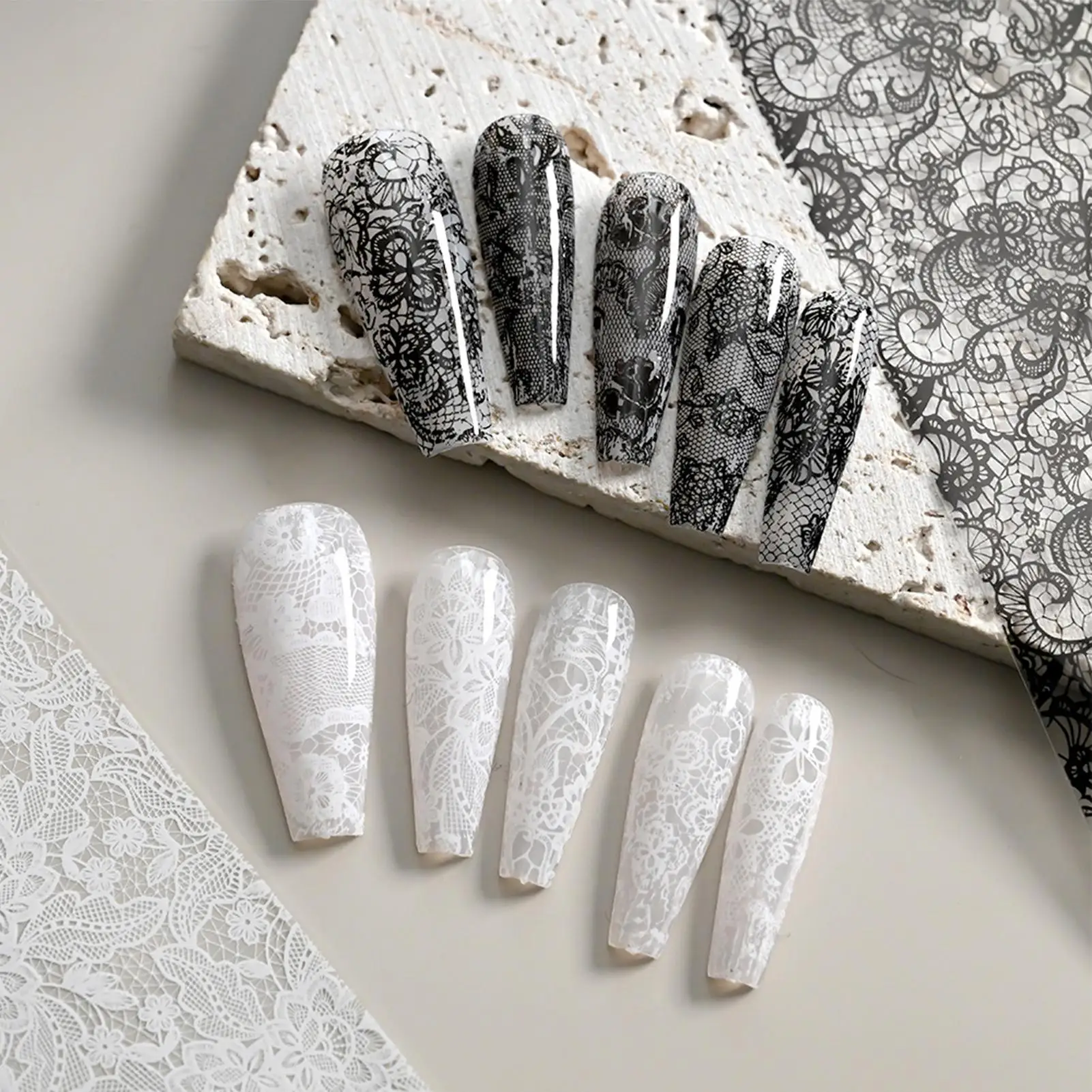 Nail Lace Stickers Self-Adhesive DIY 10 Rolls Black and White Nail Foil Transfer Stickers for Home Salon Travel Women Girls
