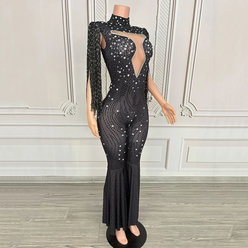 2025 신상 여성 쇼 무대 의상 블랙 프린지 라인스톤 바디수트 가수 공연 의상 나이트클럽 파티 클럽웨어 VDL4974