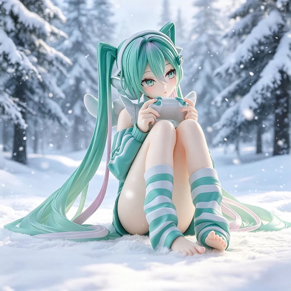 Hatsune Miku – Virtual Singer Anime Figure Statue, Teal Twin-Tails Snow Scene Ver 13cm Sexy Stockings Maid Movable PVC Toy Gift