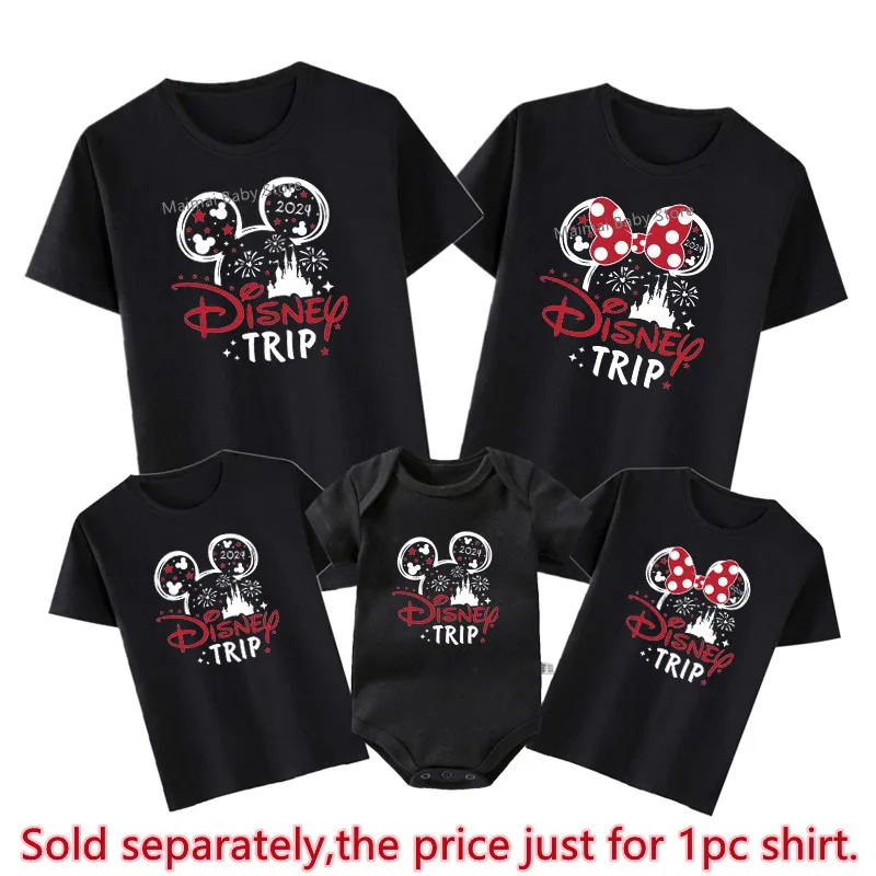 Disney-Família Camisas Combinadas, Mickey Minnie Mouse, Papai, Mamãe, Irmão, Filho, Crianças Camiseta, Macacão de bebê, Roupa de algodão, Viagem,