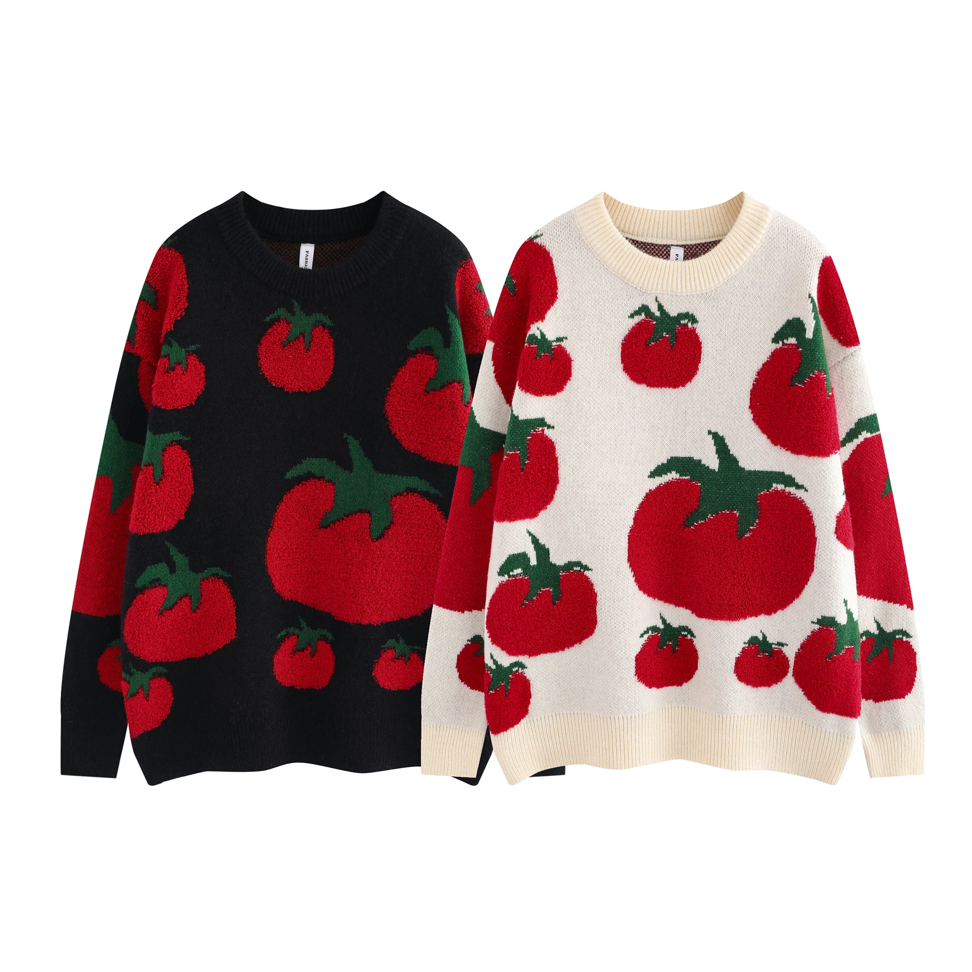 Japanese Fashion Knitwears Y2k Autumn and Winter Tomato Embroidery Knitted Sweater Men's Women's Round Neck Cartoon Jumpers