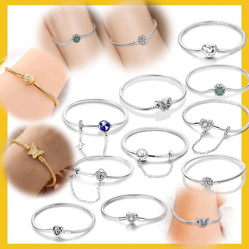 925 Sterling Silver 17-20CM Bracelet Butterfly Four Leaf Clover Charms Beads Bracelet Fit DIY Birthday Anniversary Gifts