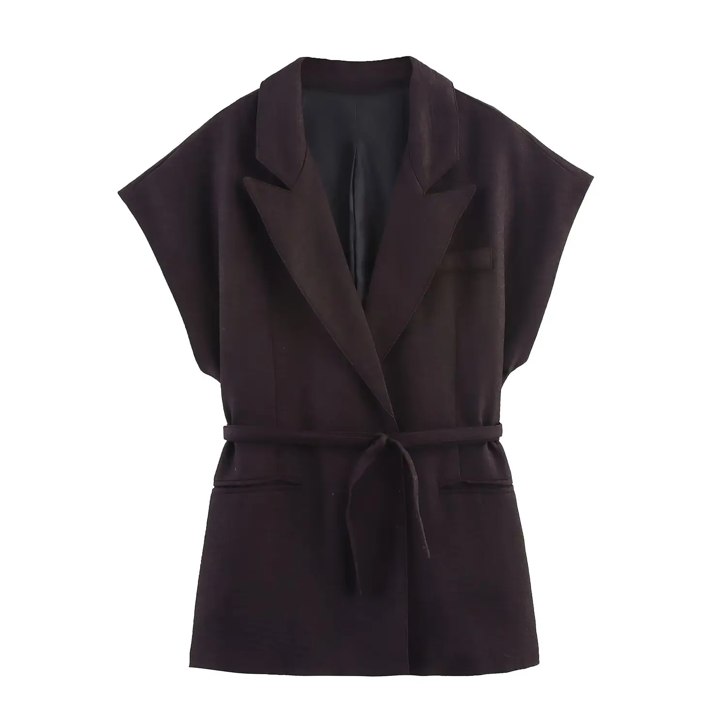 HH Vrouwen Elegante Effen Broek Pak Revers Dubbele Riem Ontwerp Mouwloos Vest + Zakken Rits Knop Rechte Geplooide Lange Broek