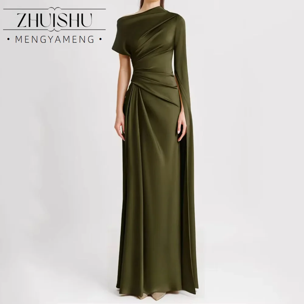 ZHUISHU Dubai Arab Olive Green One Shoulder Cape Sleeve A Line Evening Dresses Satin Floor Length Ruched Prom Gown Vestidos De F