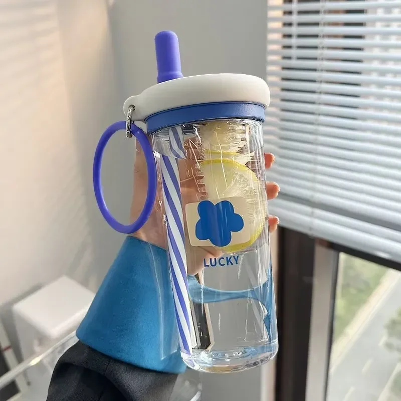 Portable Large Capacity Plastic Water Bottle with Double Drink Straw Colorful Space Cup for Sports and Travel