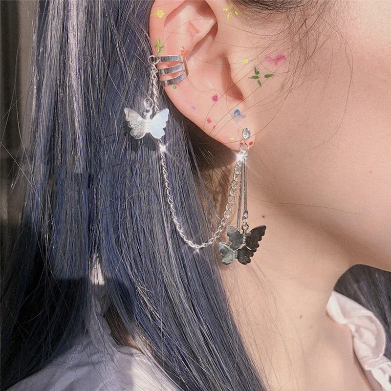 Geometric Butterfly Ear Cuffs Korean Earrings for Teens Women punk Tassel Chain Ear Clips Wedding Party Fashion Jewelry Gift