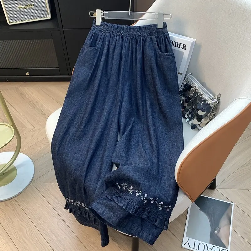 

Spring Autumn Vintage Style Cotton Denim Flower Embroidered Jeans for Women Female Loose Straight Casual Wide Leg Pants