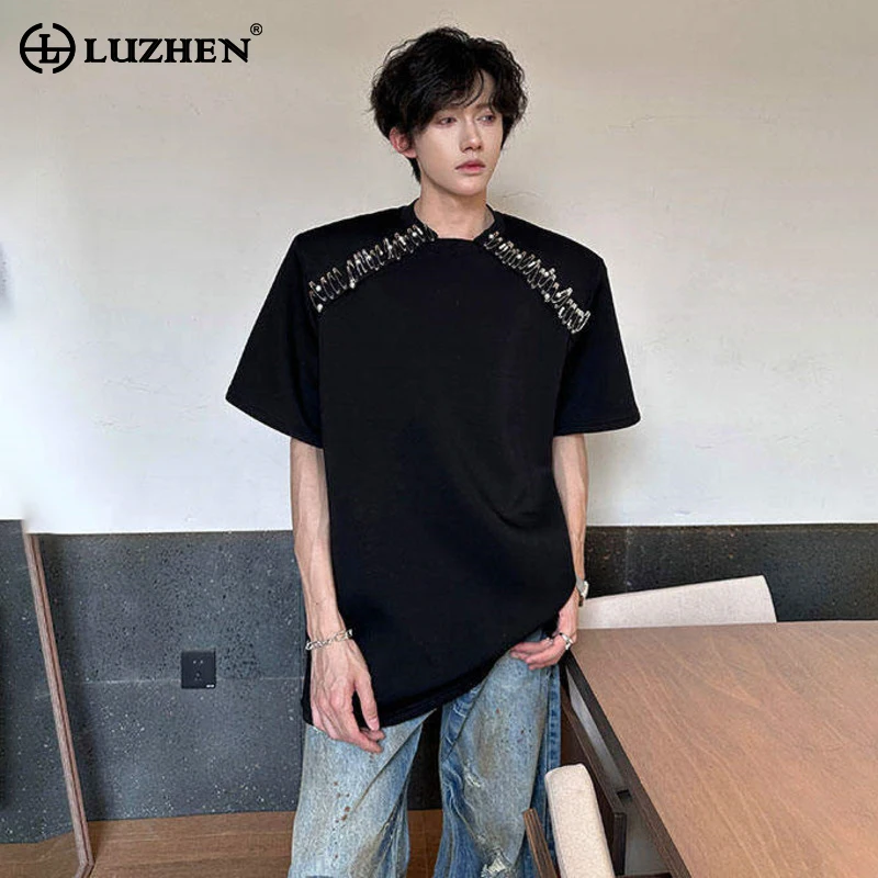 LUZHEN Metal Pin Patchwork Decorate Shoulder Pad Short Sleeve T-shirts Men's 2025 Summer Original Loose Male Street Wear JY2851