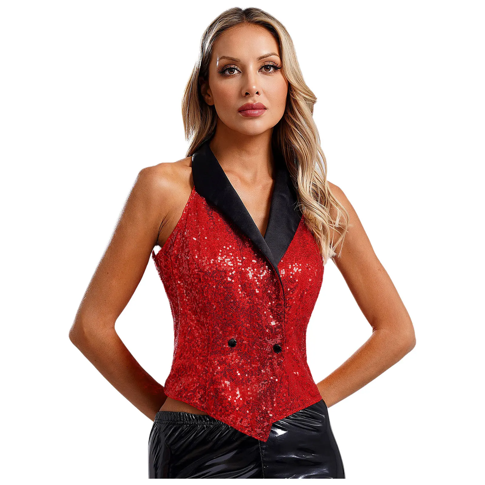 Women Glitter Sequin Vest V-neck Lapel Sleeveless Sparkly Waistcoat Blouse Dressy Top for Evening Banquet Cocktail Party Costume