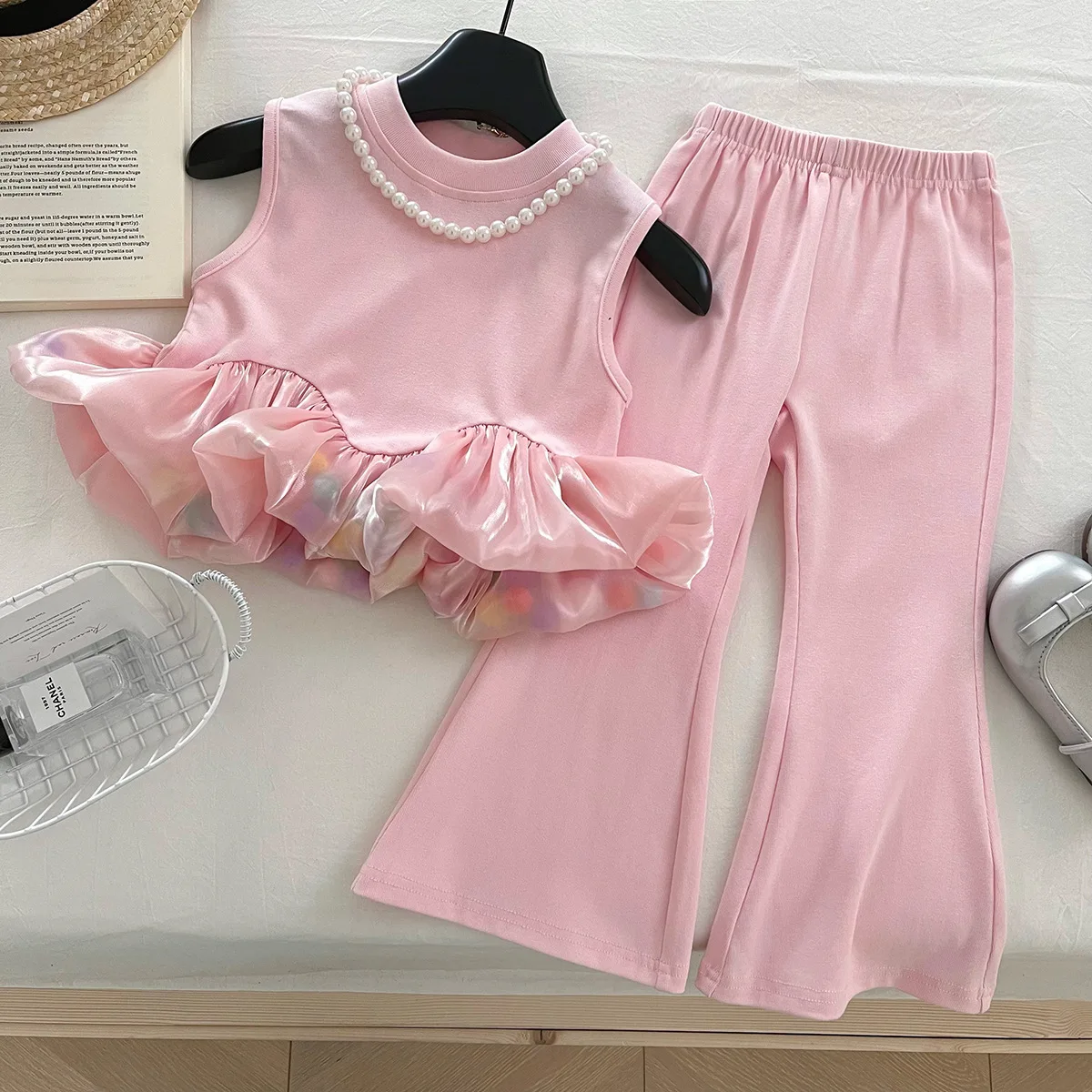 Sommer Mädchen Kleidung Set Einfarbig Mesh Spleißen Ärmelloses T-shirt + Hosen 2Pcs Anzug Für 2-10 Jahre mode Outfit