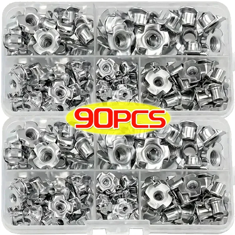 90PCS/Box Four-Point Insert Impact Nut Carbon Steel Four Claws Nuts M3 M4 M5 M6 M8 Woodworking Repair Kits Furniture Fasteners