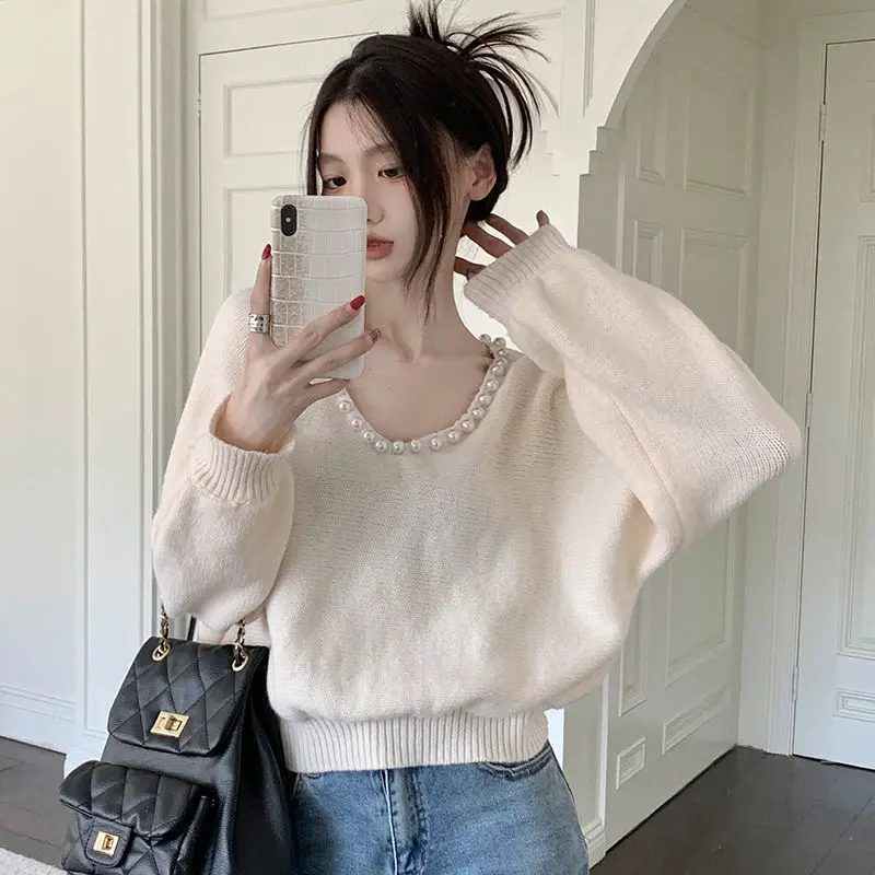 Women Sweater Autumn Winter White V-Neck Knitted Top Women Pullover Cashmere Harajuku Fashion Modern Korean Style 2024