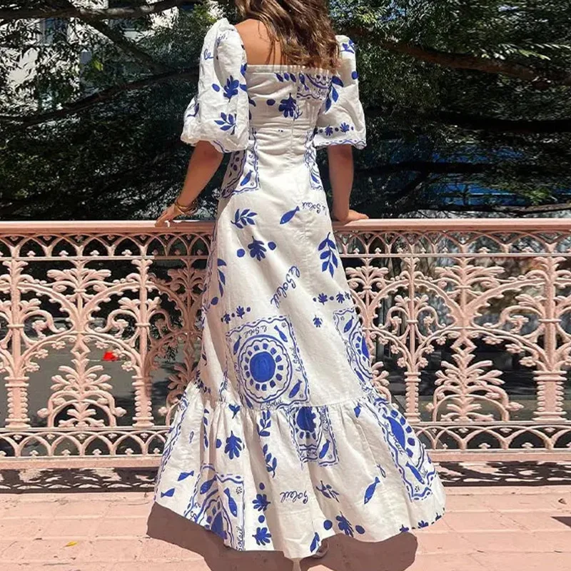 Summer Dress Elegant Women Flower Printed Maxi Dress High Waisted Short Sleeve Square Collar 2024 Summer Fashion Holiday Dresses