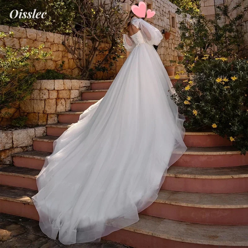 Oisslec-vestidos de quinceañera, sin tirantes vestido de novia, capa de tul, vestido de dama de honor con cordones, vestido de graduación, Apliques de encaje, Mangas de globo