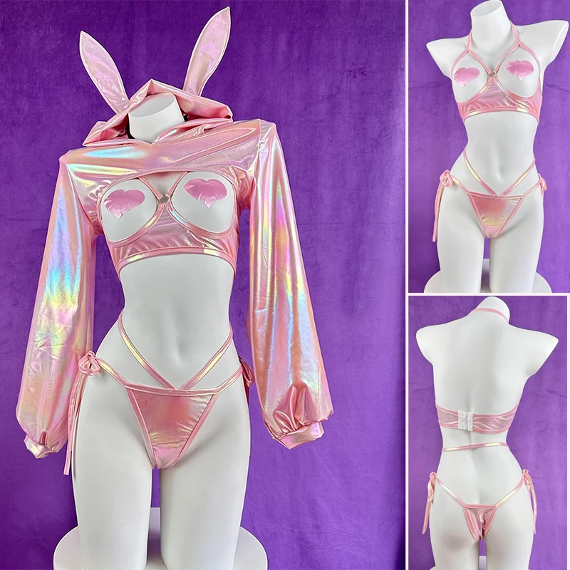 SENMHS Sexy Lingerie Anime Bunny Girl Cosplay Pink Laser Patent Leather Bikini Rabbit Girl Shiny Halloween Underwear