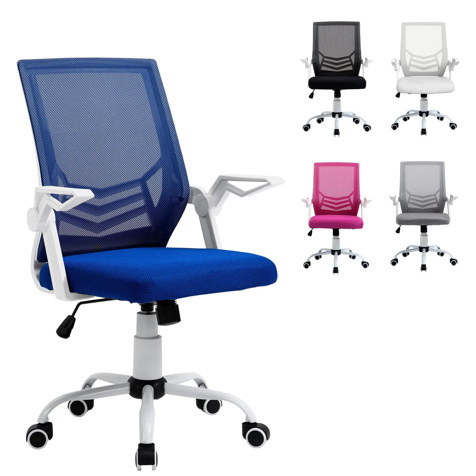 Chaise de bureau ergonomique avec siège réglable en hauteur, 360° °   Fonction rotative et accoudoirs pliables, bleu, 62,5x55x94-104cm