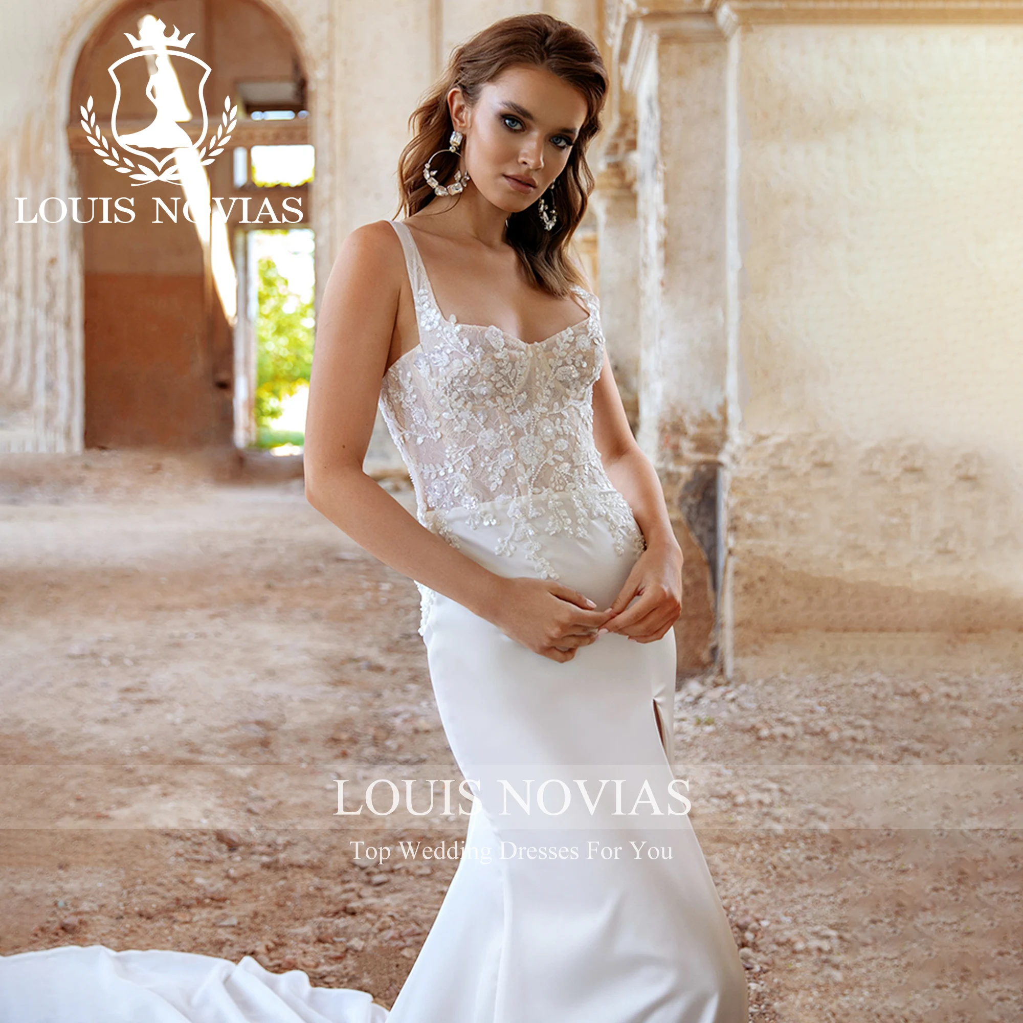 

LOUIS NOVIAS Satin Mermaid Wedding Dress High Quality Sexy Square Collar Spaghetti Straps Appliques Draped Sequined Bridal Gown
