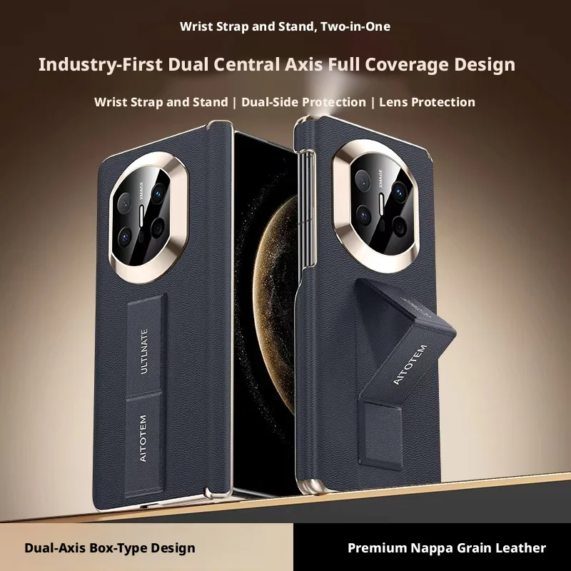 

For Huawei Mate X6 Imitate X7 Nappa PU Leather Case Dual Hinge Lens Protection Hand Strap Finger Grip Strap Holder Cover