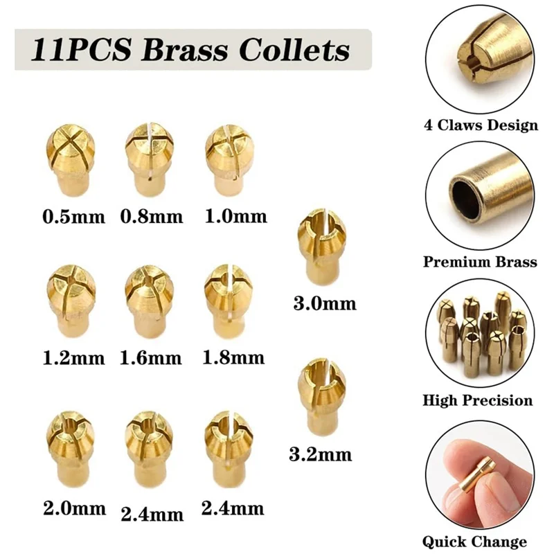 A26F-16PCS Drill Chuck Collet Set, 4486 Keyless Quick Change Chuck Rotary Tool With Replacement 4485 Brass Collet Nut Set