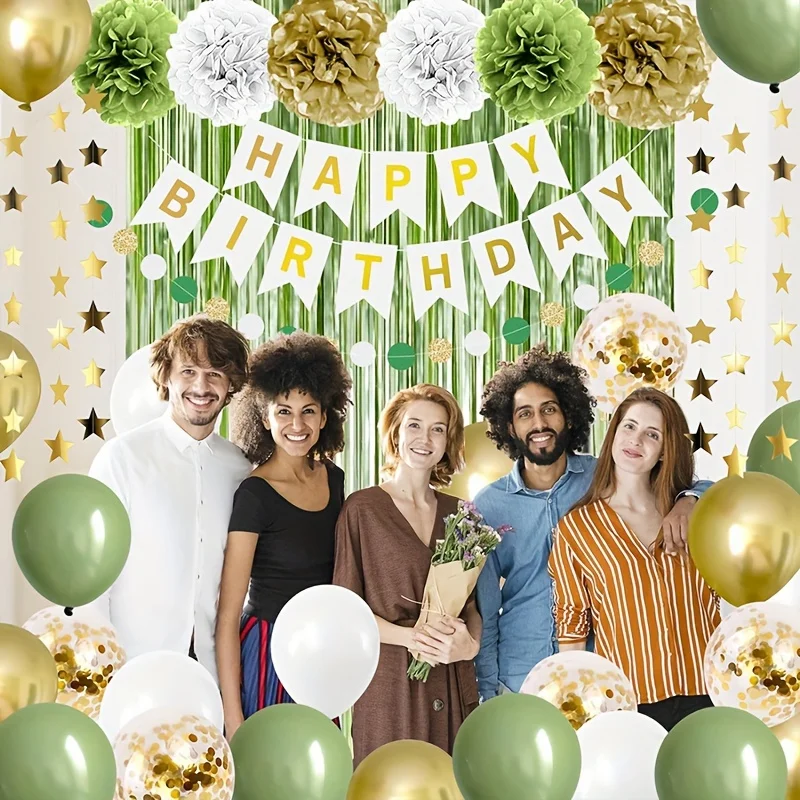 45pcs Sage Green Birthday Party Decoration Olive Green and Gold Balloon Green Neutral Decoration White Happy Birthday Banner