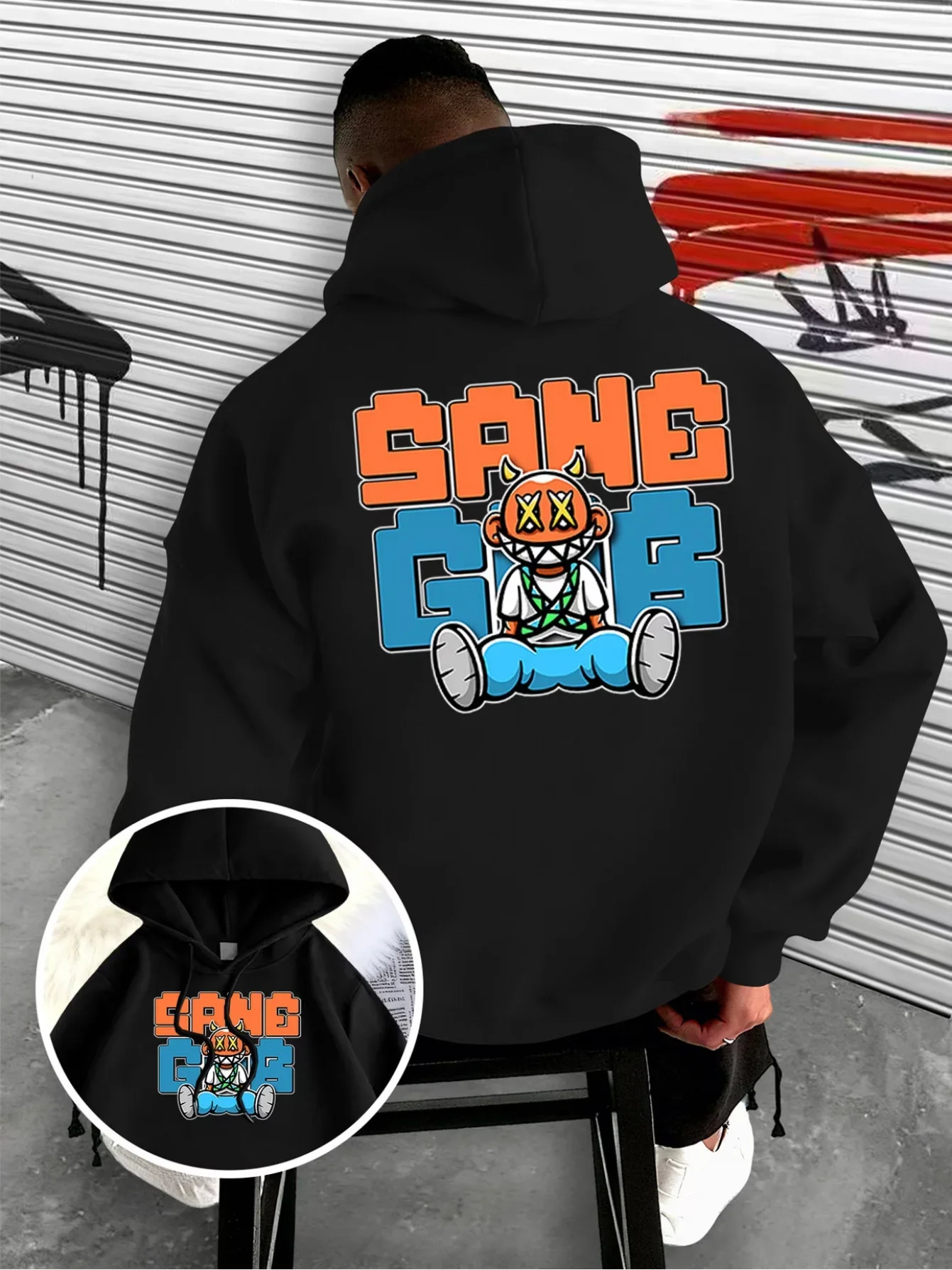 Men Women Unisex Hoodie SANG GANG Cartoon Devil Character Graffiti Front and Back Print Sweatshirt Casual Loose Hooded Pullover