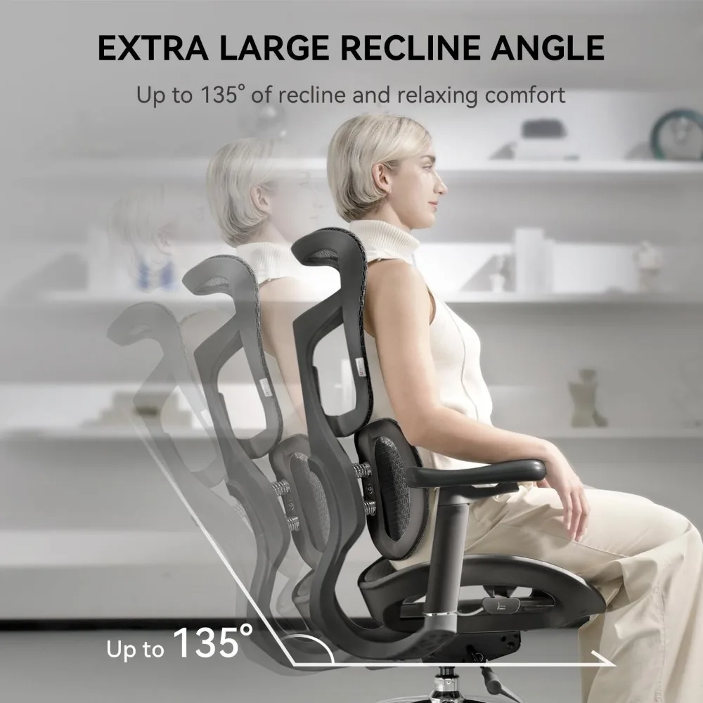 Ergonomic Office Chair - with Dual Dynamic Lumbar Support, 5-Level Adjustable Backrest,4D Coordinated Armrests, 135-degree Max.