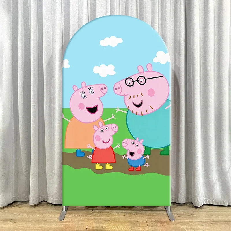 2D Flat Arch Backdrop Cover Single Layer Non-Stretch Fabric Peppa Pig Family Theme Party Set with Design and Colorful Characters 6