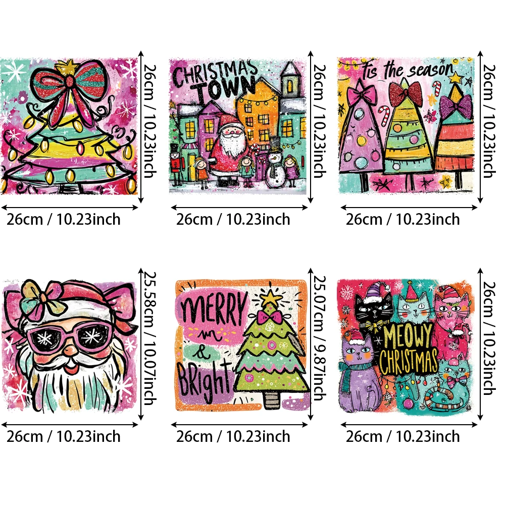 مجموعة مكونة من 6 قطع من ملصقات الفينيل النقل الحراري لعناصر عيد الميلاد المبتكرة المرسومة يدويًا - تتميز بأنماط ملونة مثل عيد الميلاد