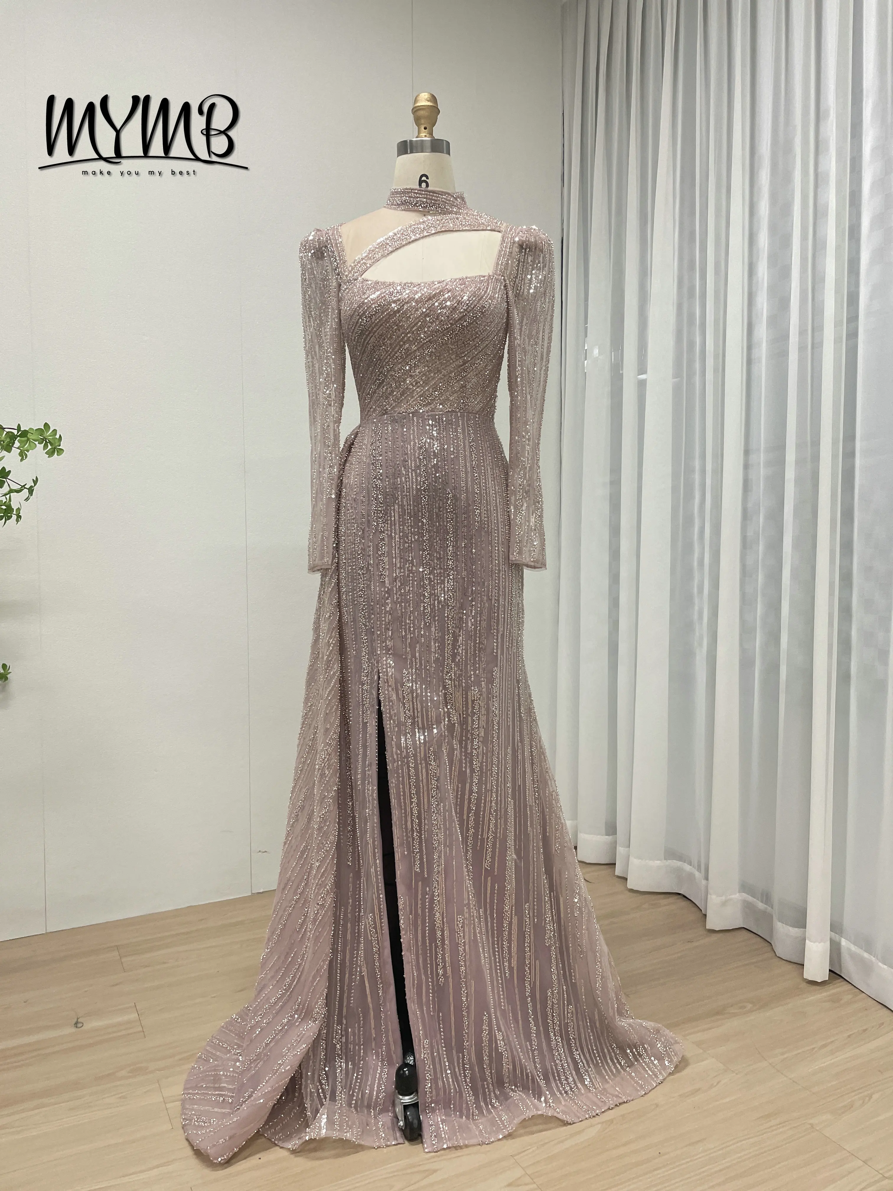 MYMB Newest Design Hot Selling Exquisite Beaded Embroidery Sexy High Slit Pink Scoop Neck Muslim Long Sleeves Dresses MB40316