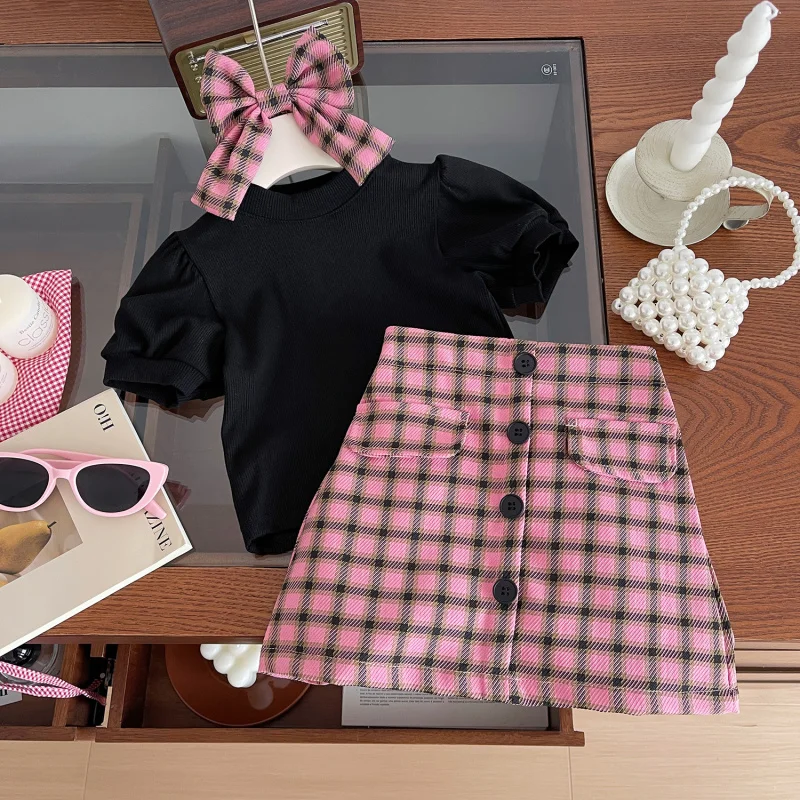 

Girls' Summer Outfit New Bubble Sleeve SetTT-shirt+ Pink Plaid Short Skirt Two-Piece Set