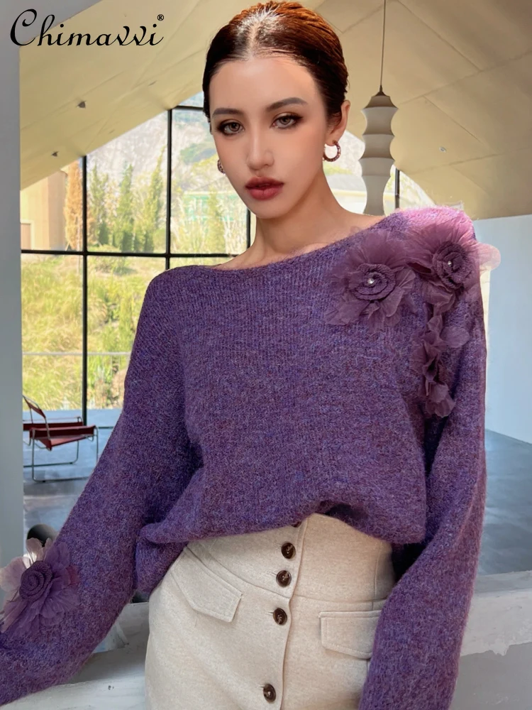 

Elegant Fashion Lady Heavy Industry 3D Flower Round Neck Long Sleeve Loose Casual Versatile Knitted Pullover Sweater for Women