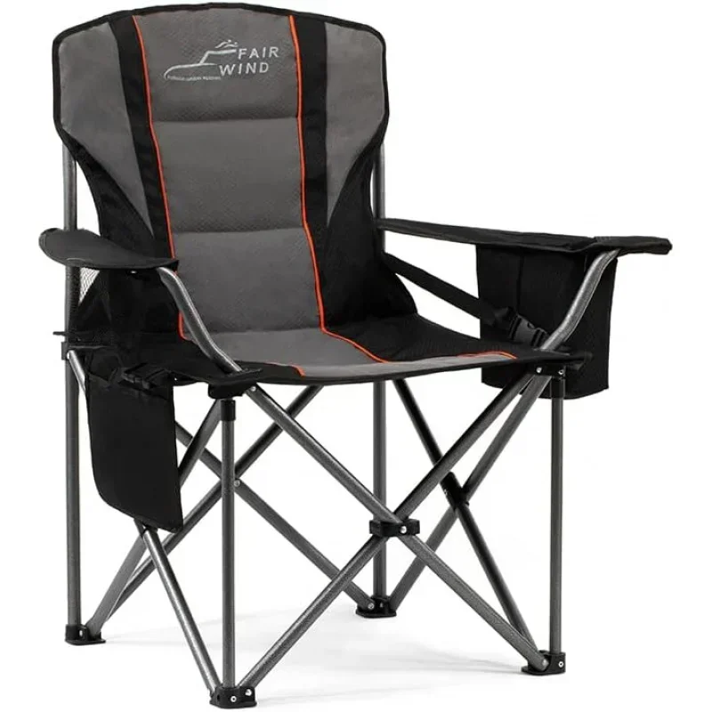 Oversized Fully Padded Camping Chair with Lumbar Support, Heavy Duty Quad Fold  Cooler Bag,  450 LBS, Black