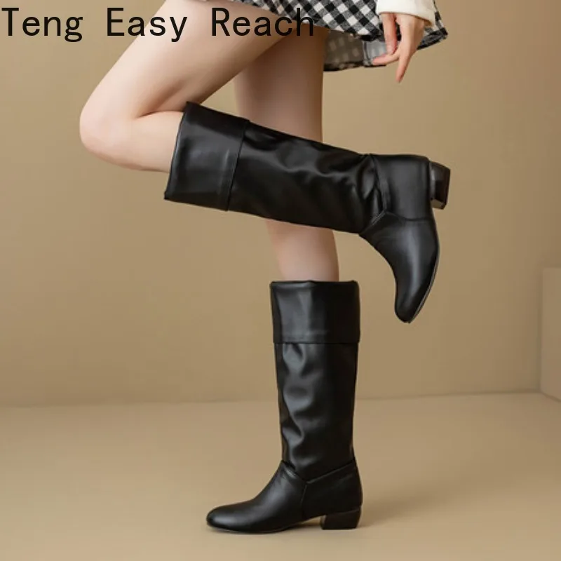 أحذية شتاء 2025 بطول الركبة للنساء، أحذية طويلة عصرية باللونين الأسود والأحمر والأبيض بكعب مكتنز للنساء Mujer 34-47