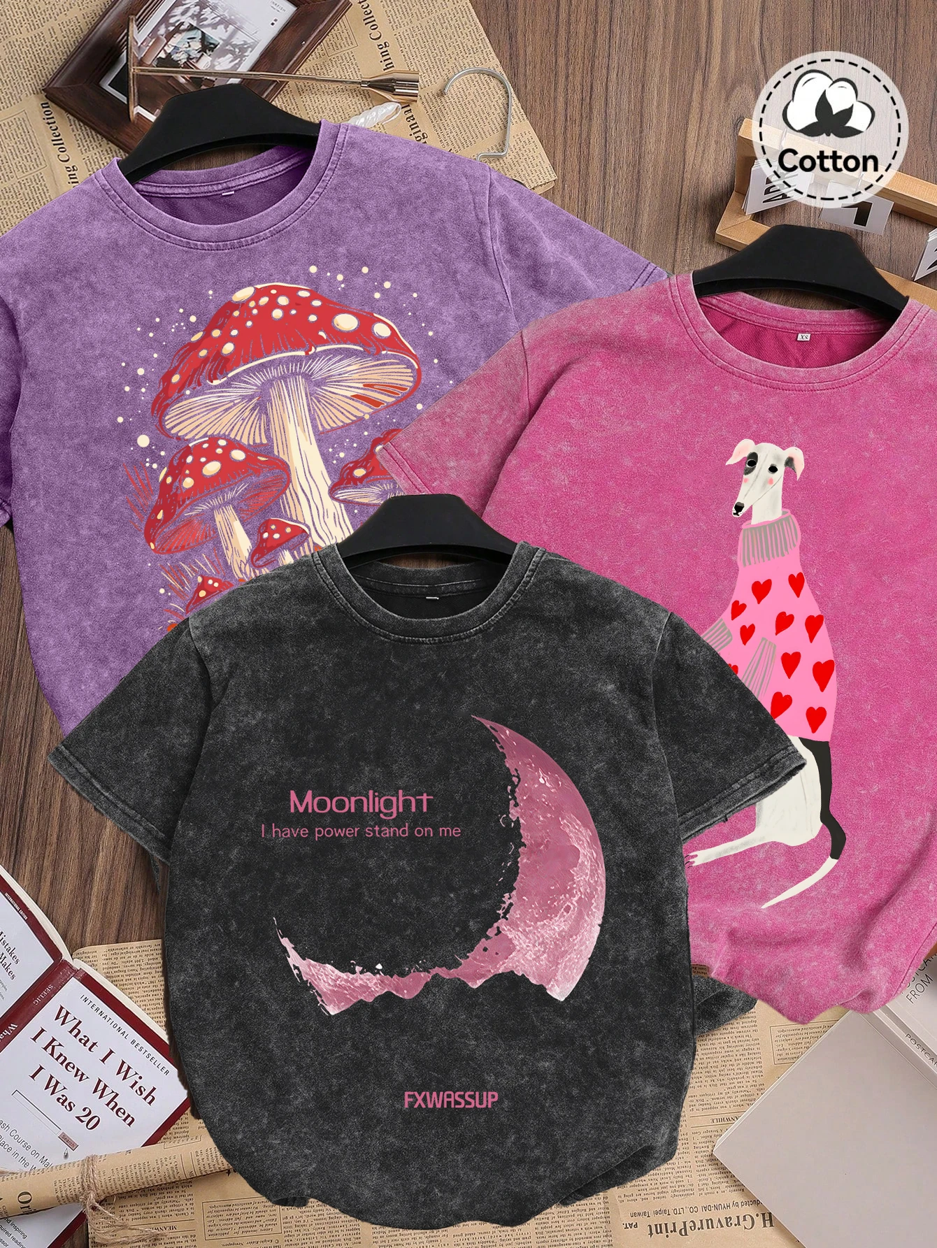 Dackel Hund Drucke gewaschene T-Shirts Frauen Sommer Pilz Baumwolle Oversize Streetwear O-Ausschnitt bequeme Distressed Tops Kleidung