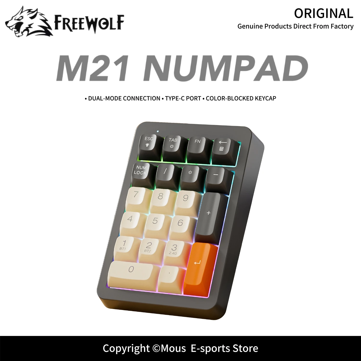 Wireless Numpad Dual Mode Connection Colorful Keycaps Ergonomic Type-C Charging 21 Key Number Keyboard FREEWOLF M21 for Office