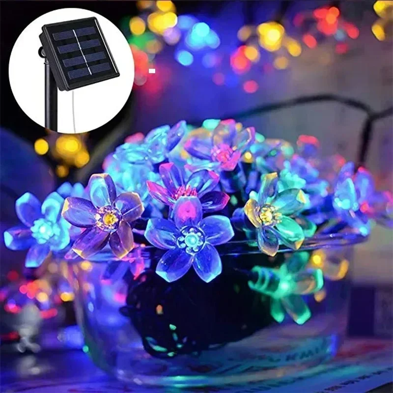 Solar Sakura Fairy String Lights 5 7 12 22M Peach Blossom Cherry LED Lamp For Wedding Party Garden Christmas Outdoor Decor